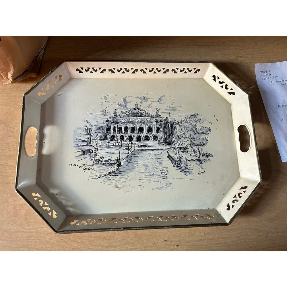 Vintage Marshall Field toleware serving tray 22”x16” cream enamel architecture